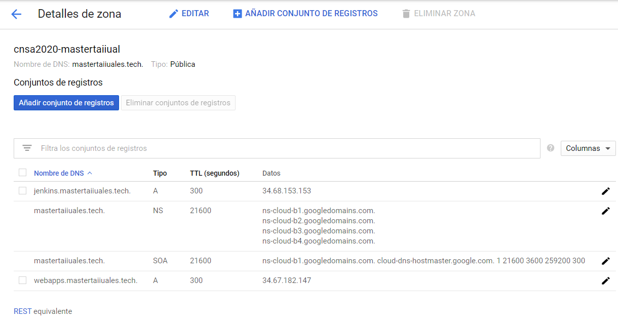 cloud dns detalles zona