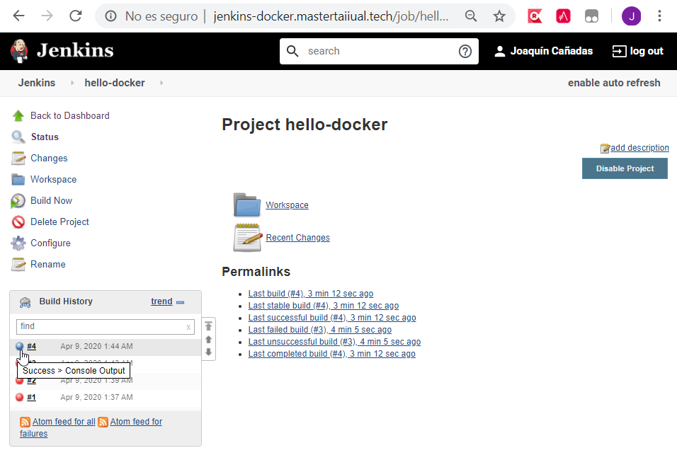 jenkins new hello docker console output