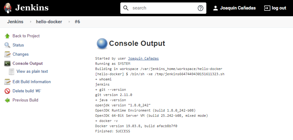 jenkins new hello docker console success