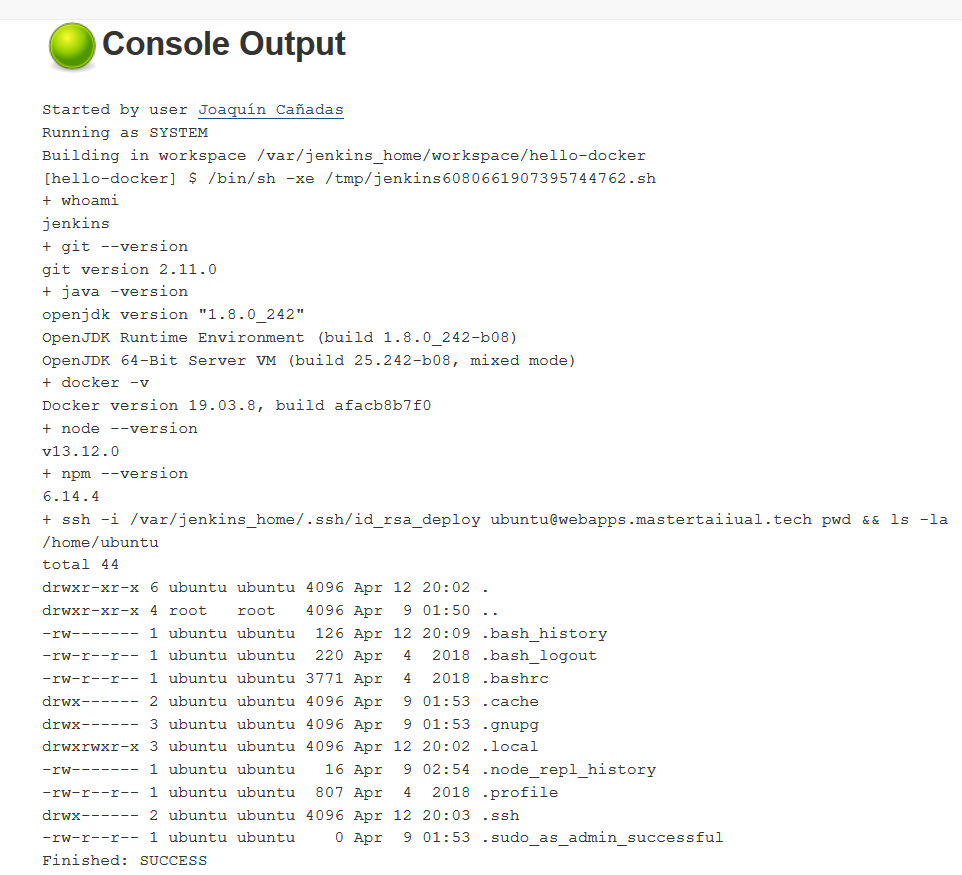 jenksin hello docker ssh to deploy output